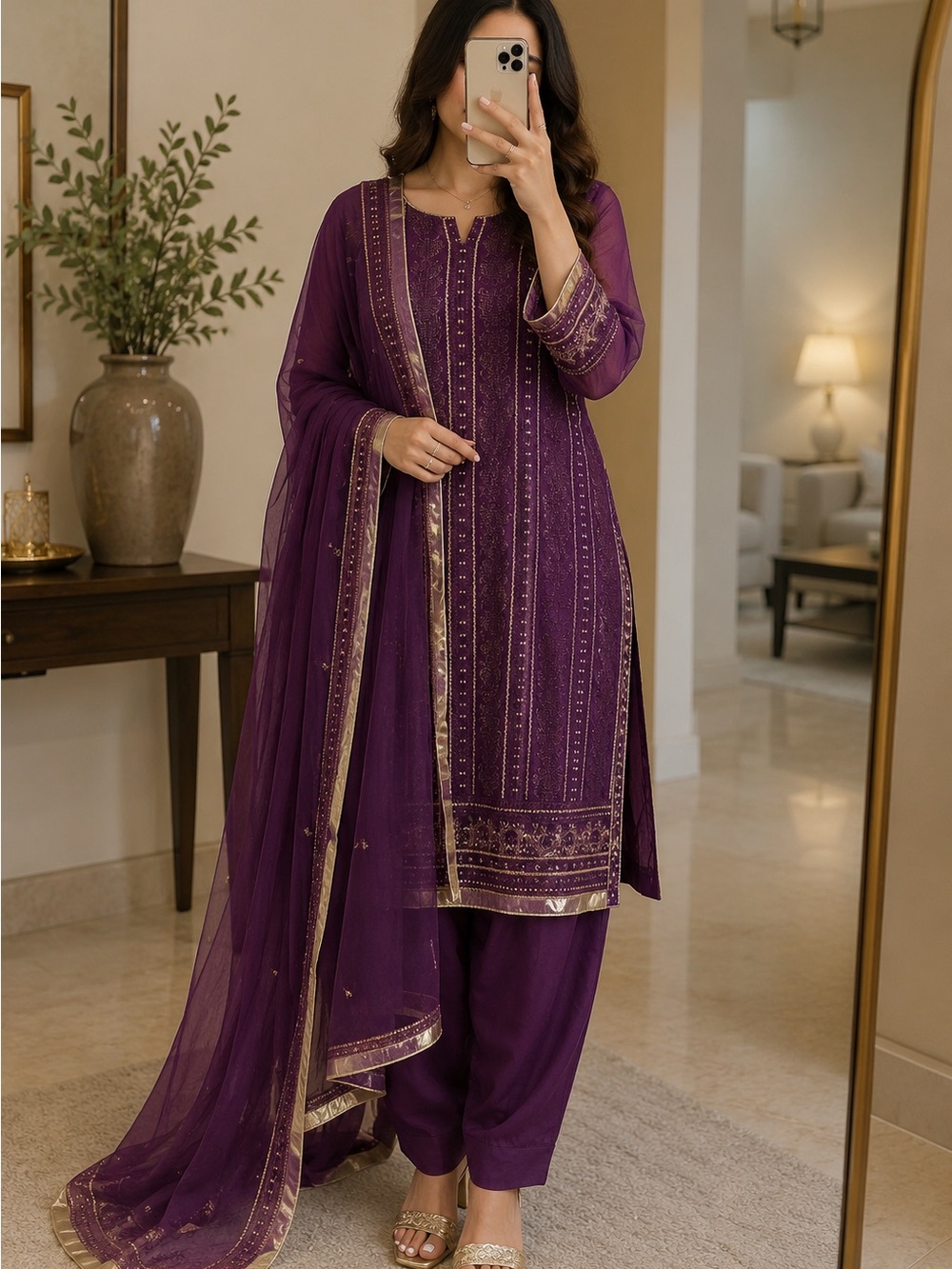 Embroidered Purple kameez dupatta  and shalwar Set with Gold Trim
